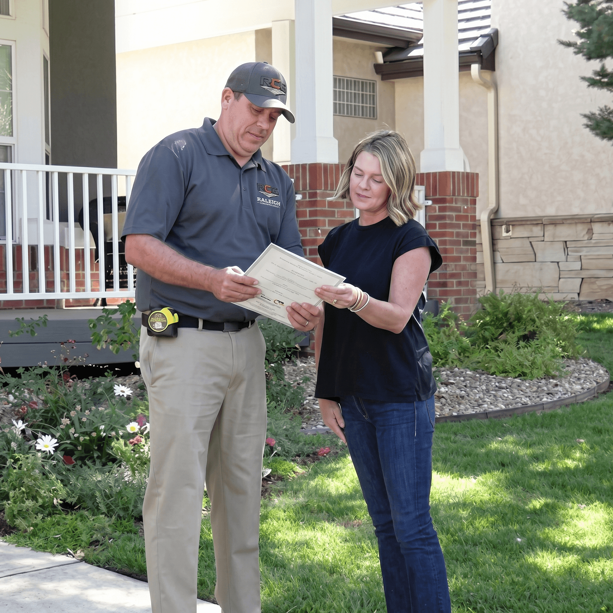 A Raleigh Concrete Group team member walking a homeowner through their free estimate